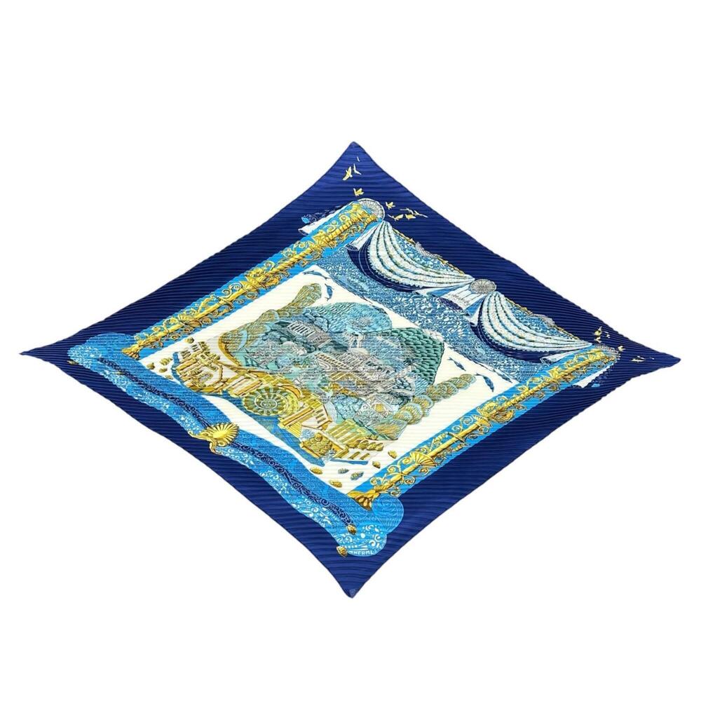 HERMES Pleated Scarf L'ATLANTIDE (Atlantis) Silk Scarf/Muffler Blue Women's